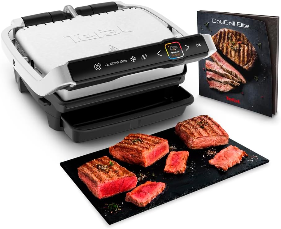 Tefal Grill électrique de table, 12 programmes automatiques, Mode manuel, Fonction aliments congelés, 2000 W, Livret recettes OptiGrill Elite GC750D30