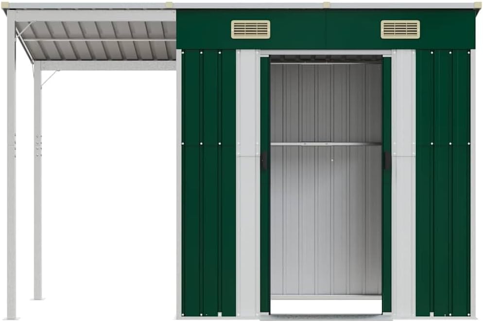 vidaXL Abri de Jardin avec Toit prolongé Vert 277x107x181 cm Acier, Rangement de Jardin, abri à Outils de Jardin, Rangement de Jardin pour Outils
