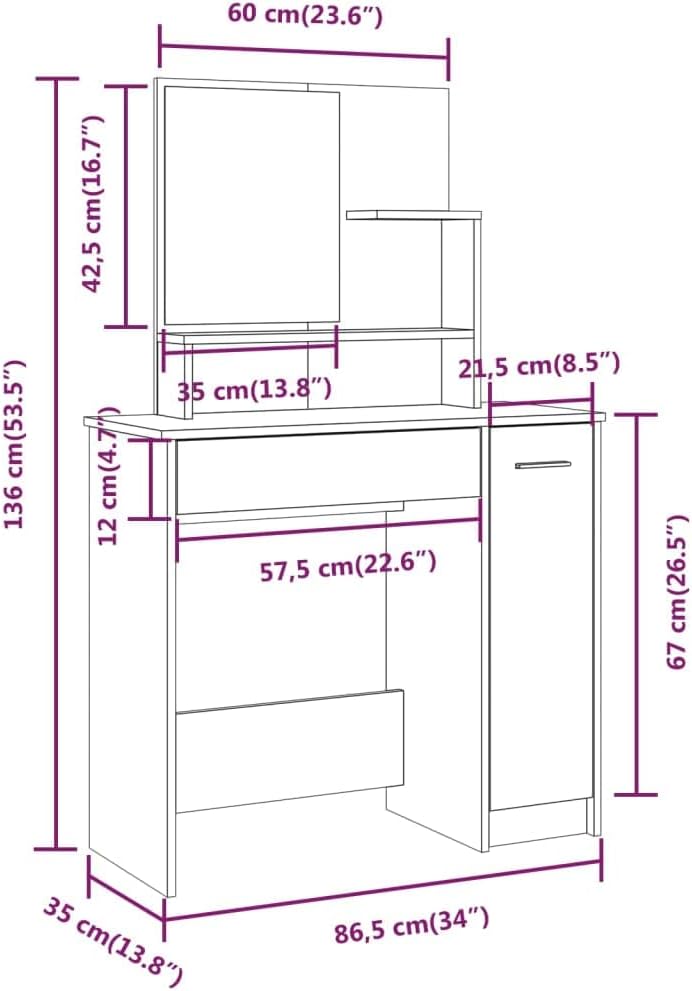 AJJHUUKI Armoires et meubles de rangement - Coiffeuse pour chambre à coucher - Coiffeuse avec miroir - Chêne fumé - 86,5 x 35 x 136 cm