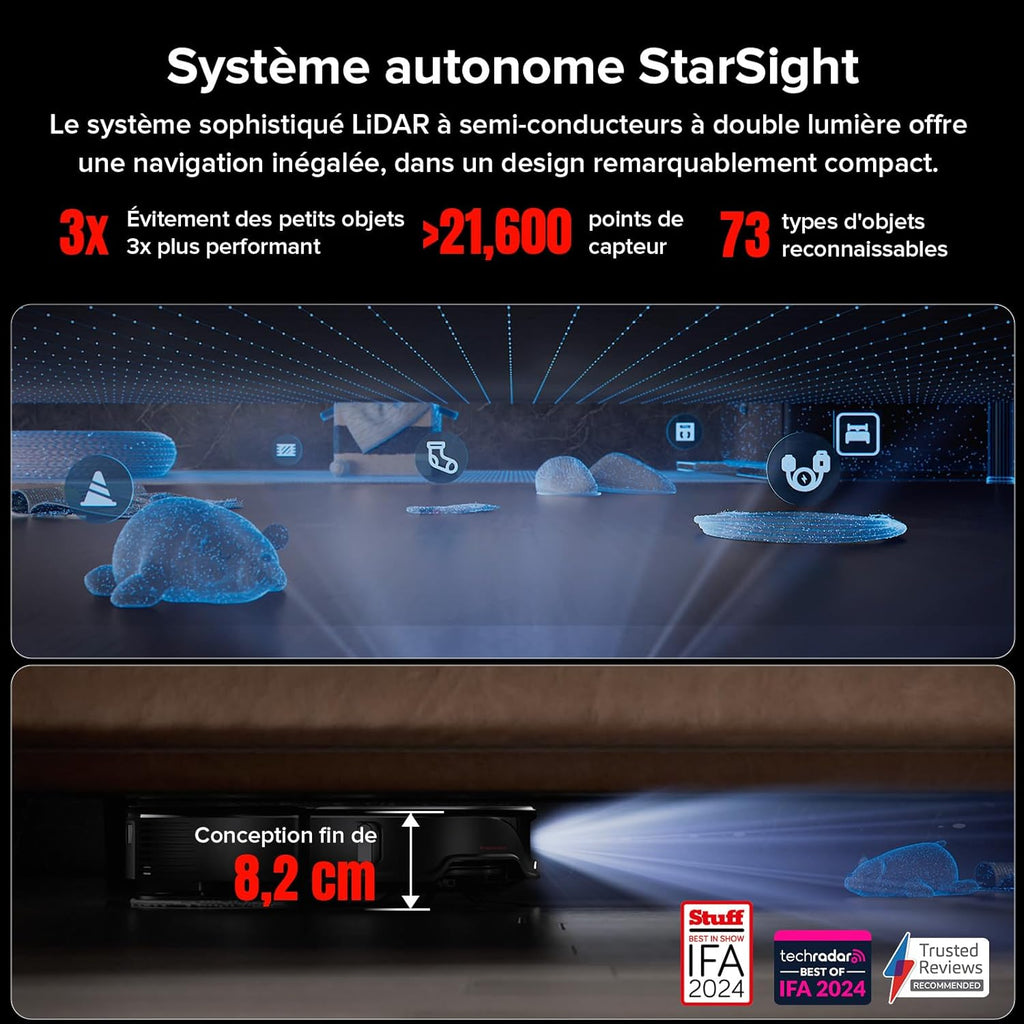 roborock Qrevo Slim Aspirateur Robot Laveur, 11000Pa, 8,2cm Ultra-Mince, Station 8 en 1, StarSight Navigation & Évitement d'obstacles, FlexiArm Serpillière & Brosse Latérale, Contrôle APP/Vocale