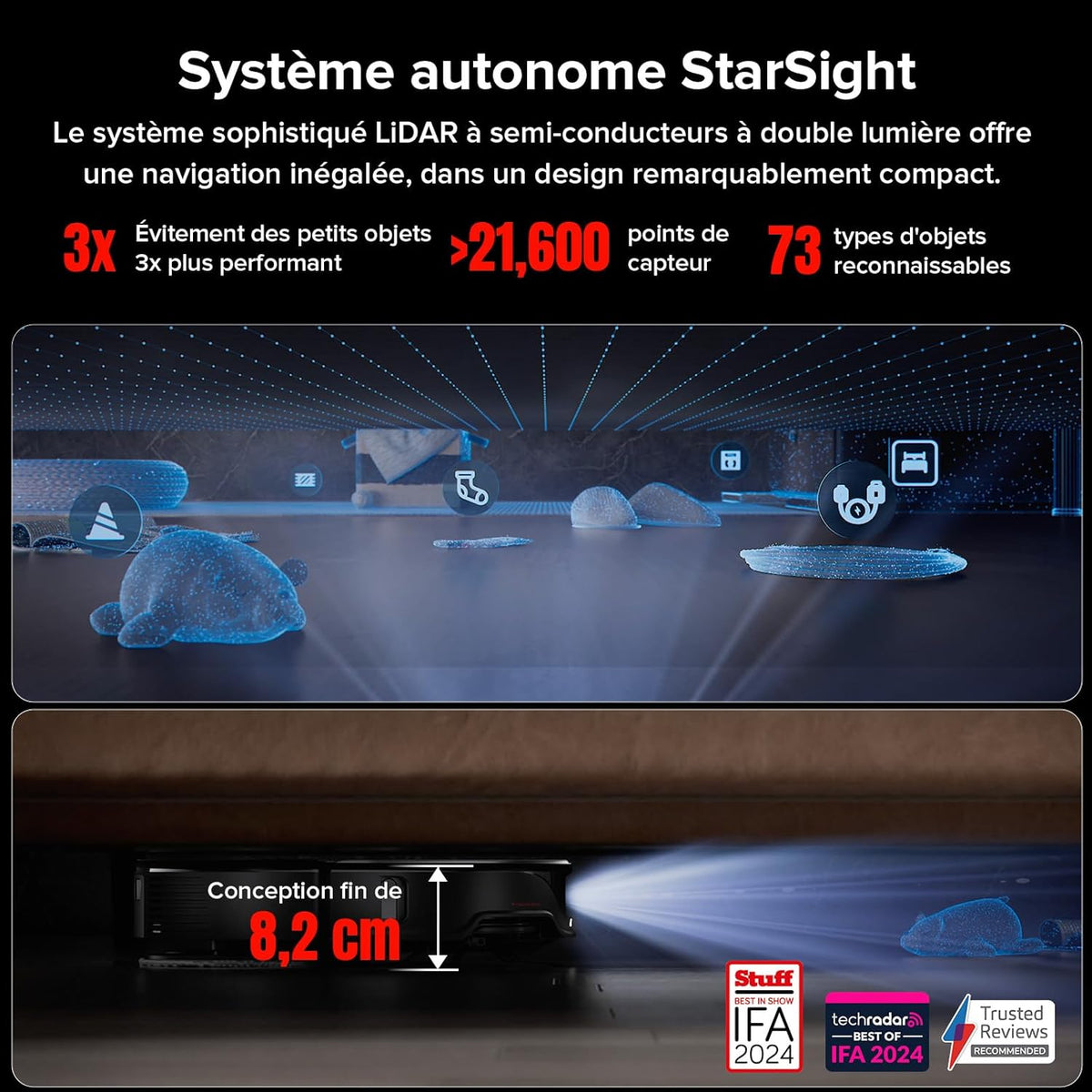 roborock Qrevo Slim Aspirateur Robot Laveur, 11000Pa, 8,2cm Ultra-Mince, Station 8 en 1, StarSight Navigation & Évitement d'obstacles, FlexiArm Serpillière & Brosse Latérale, Contrôle APP/Vocale