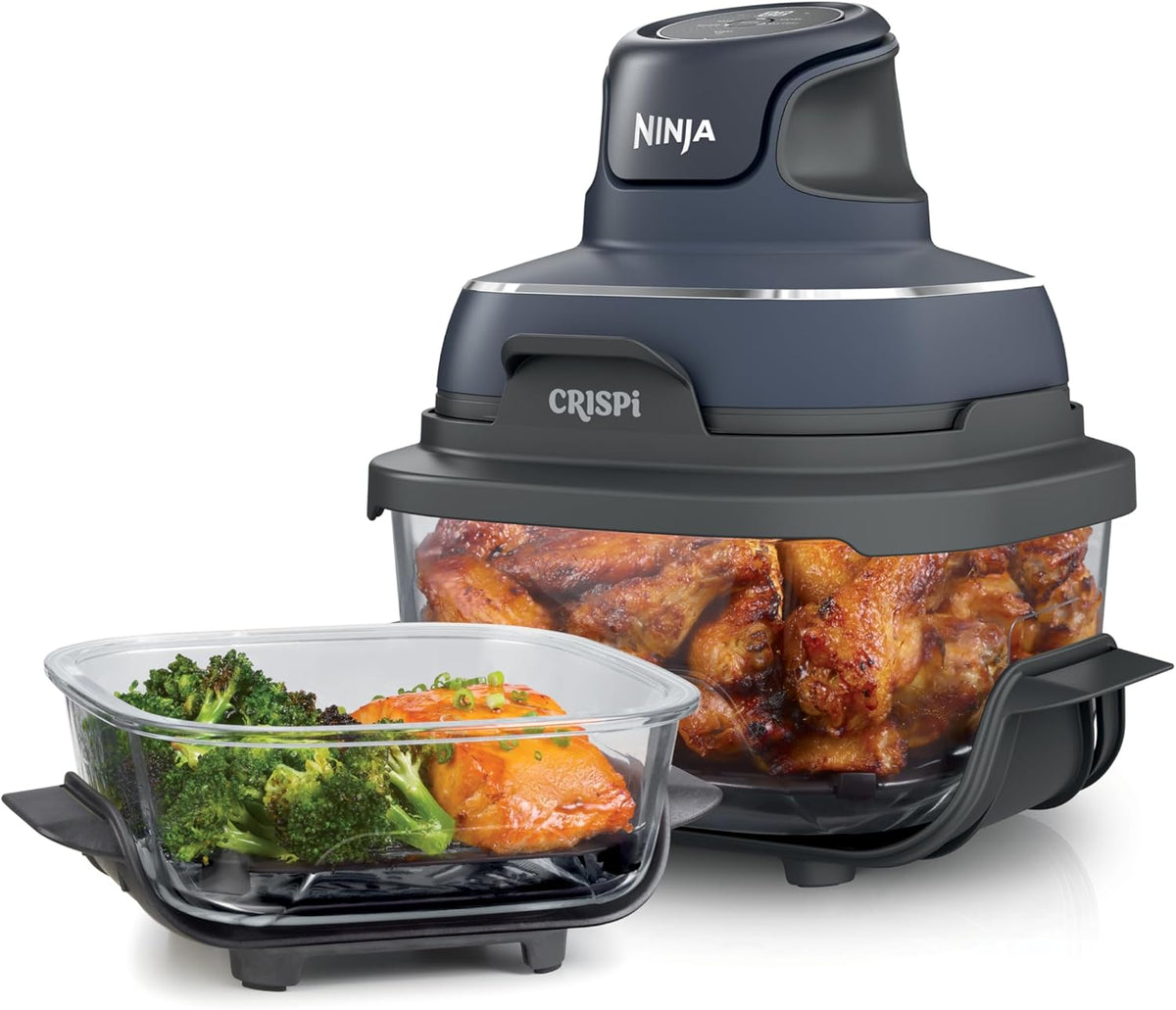 Ninja Crispi Friteuse à air, passe au micro-ondes, au congélateur et au lave-vaisselle, système de cuisson portable en verre non toxique, récipient en verre de 1,5 l et 6 tasses avec couvercles