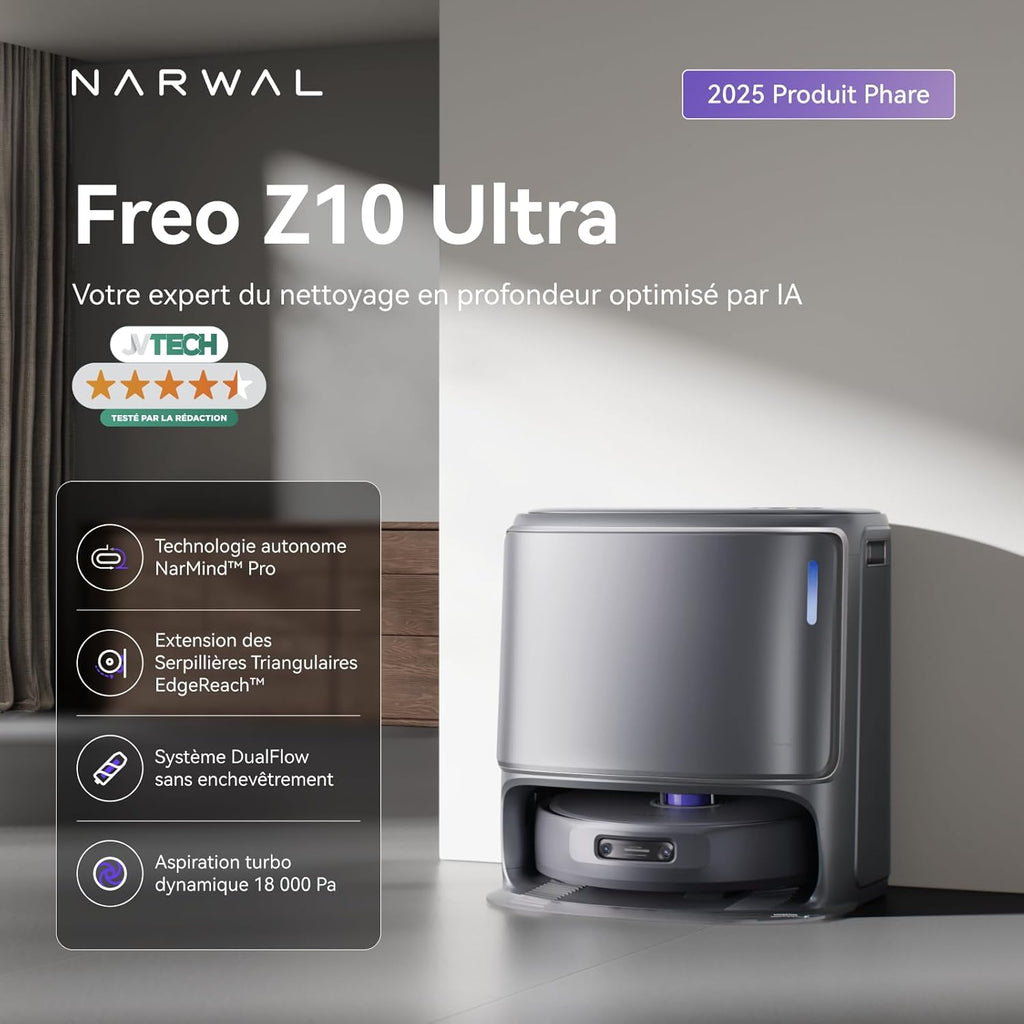 NARWAL Freo Z10 Ultra Robot Aspirateur Laveur, Balai Intelligent 18000Pa - Extension Serpillère Dynamique, Système Anti-Enchevêtrement, Nettoyage Humide/Sèche, Station Tout-en-Un