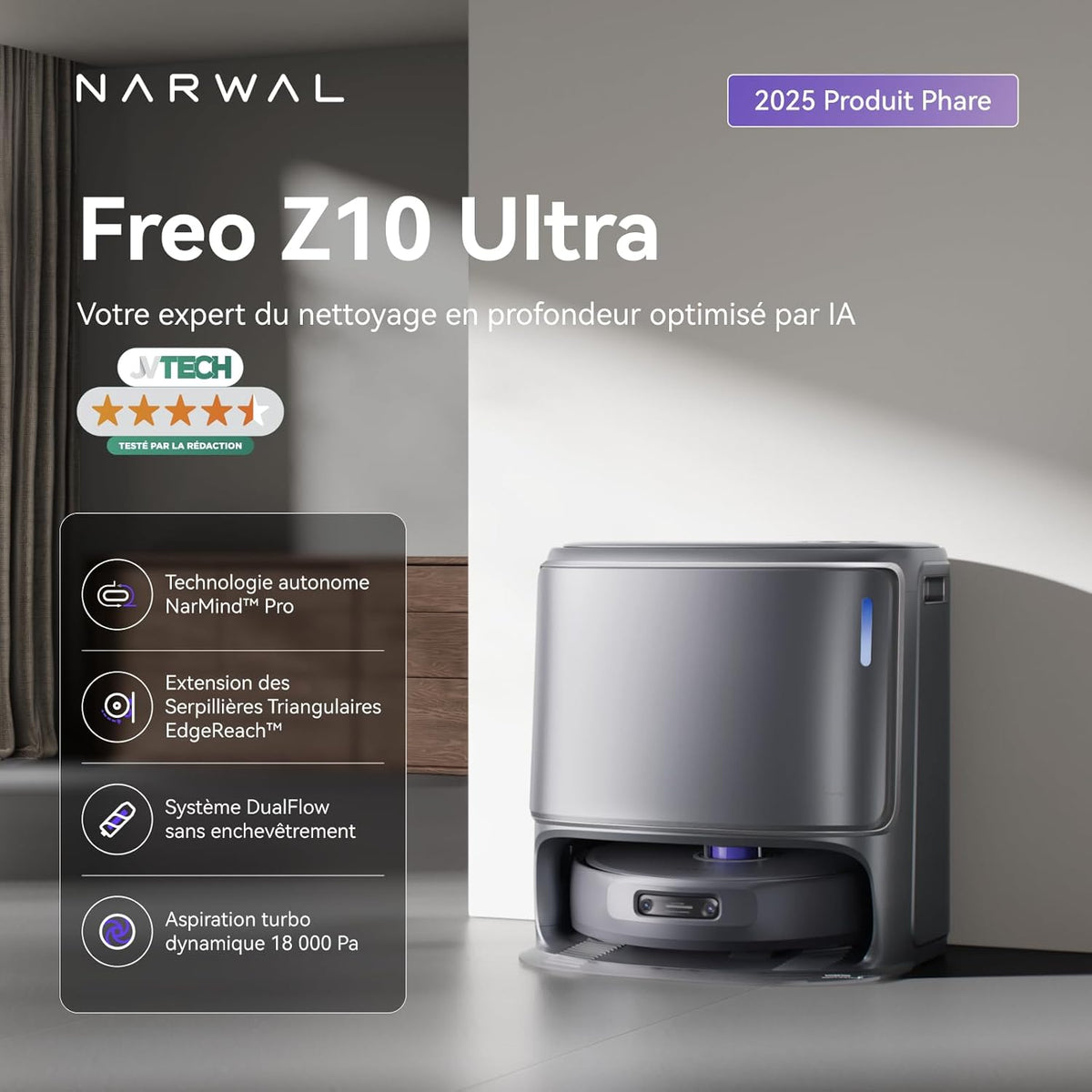 NARWAL Freo Z10 Ultra Robot Aspirateur Laveur, Balai Intelligent 18000Pa - Extension Serpillère Dynamique, Système Anti-Enchevêtrement, Nettoyage Humide/Sèche, Station Tout-en-Un