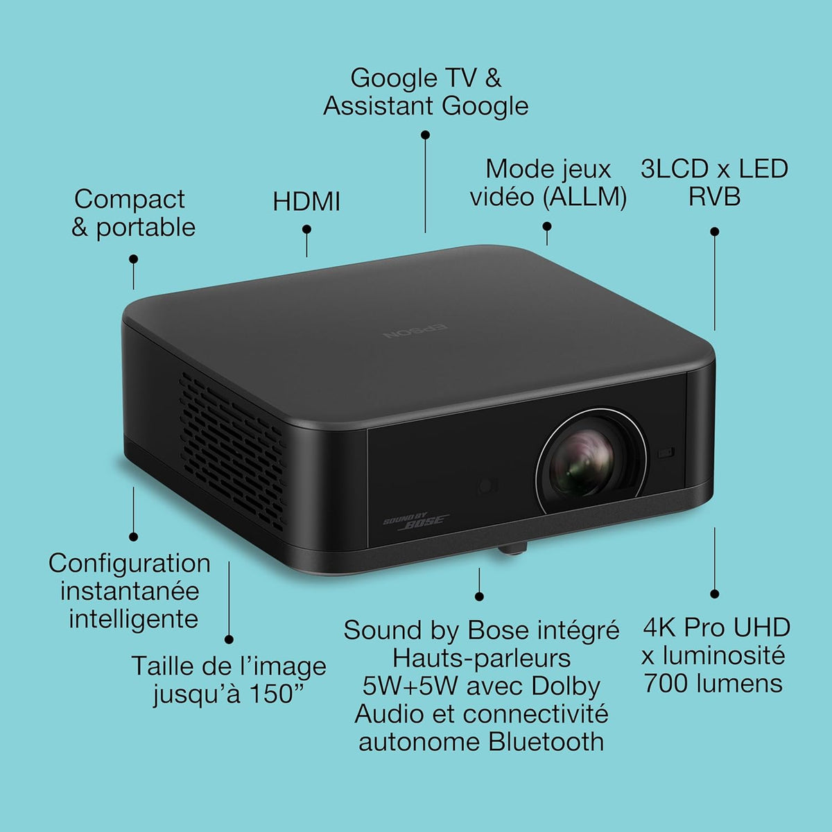 Lifestudio Pop EF-62B Noir métallisé, Projecteur portatif Smart, Google TV, 4k Pro-UHD, Utilisation en intérieur/extérieur, Garantie de 5 Ans*