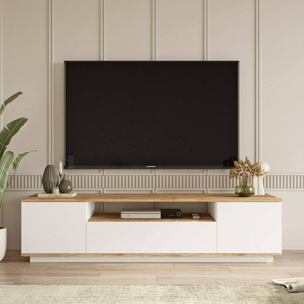 Dmora - Meuble TV Sinope, Buffet de Salon, Armoire Basse pour TV, Base Murale de Rangement, 180x45h45 cm, Chêne et Blanc
