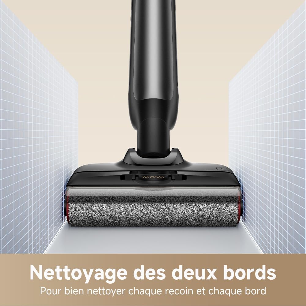 Mova M10 Aspirateur eau et poussière, portée à plat de 180°, flexible et pivotant à 90°, poids de 0,9 kg en main, lavage de brosse 75 °C + séchage air chaud 5 min, anti-anchevêtrement,aspiration 18kPa