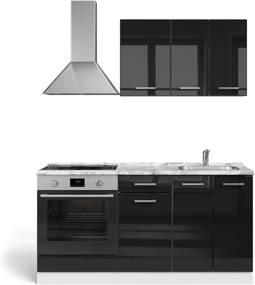 Vicco Cuisine R-Line, Noir Brillant/Blanc, 160cm avec Meuble Four encastrable avec Plan de Travail