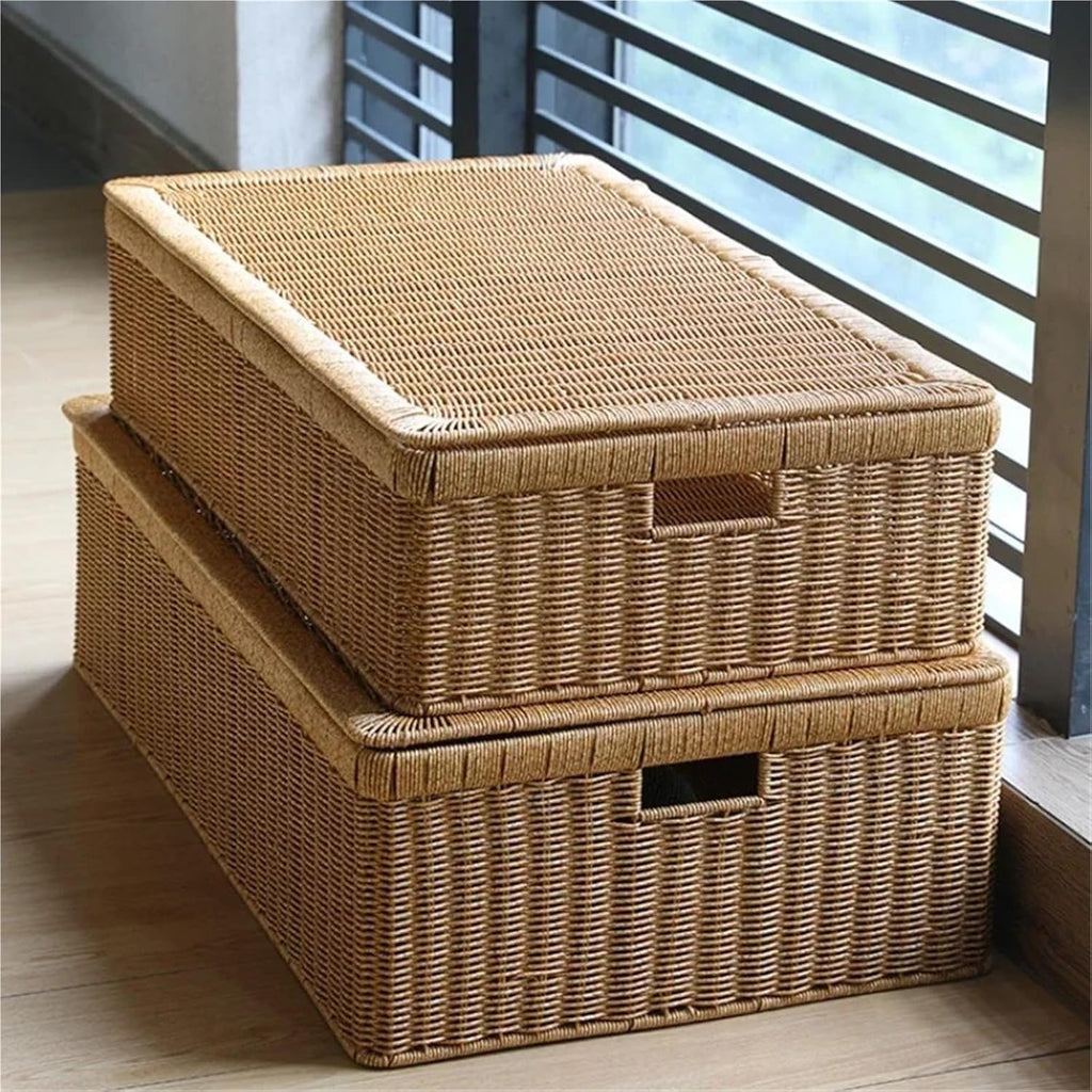 Panier Rangement avec Couvercles Boîtes de rangement en rotin imitation tricoté, organiseur vêtements et couettes avec couvercle, panier plat for le sous lit(75cm)