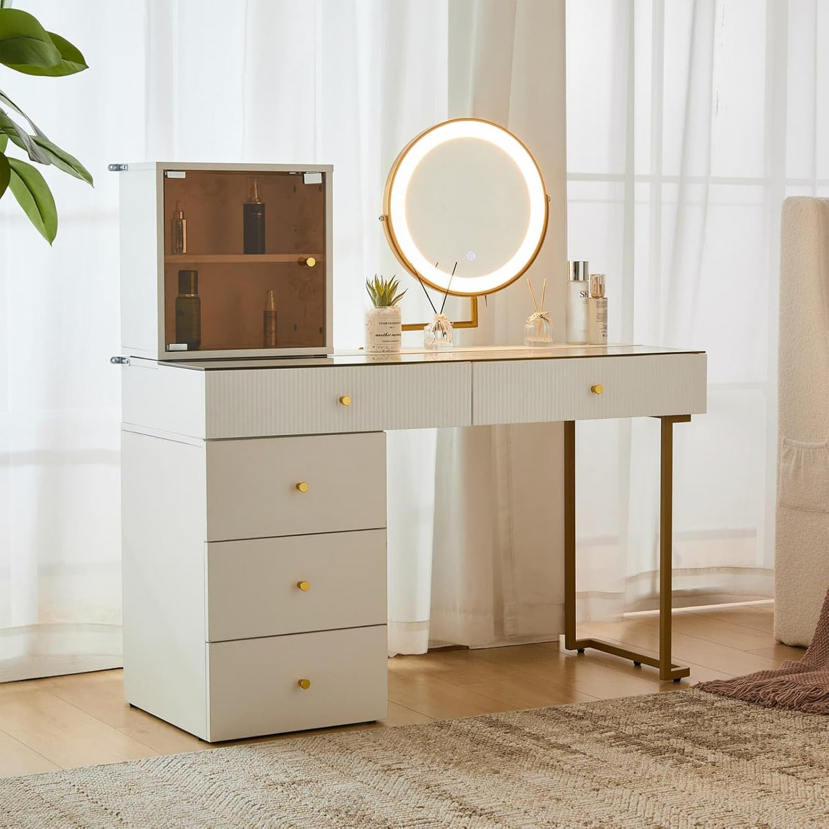PUGSDRLY Coiffeuse 100x40x78cm avec Miroir et Tiroirs,Offrant Un Vaste Espace de Rangement Compartimenté Tabouret Non Inclus