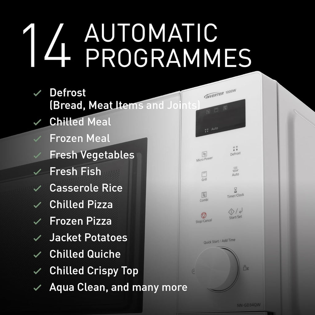 Panasonic NN-GD34QWEPG 29L Micro-ondes grill, 1000 W, décongélation automatique, cuisson combinée, minuterie, blanc