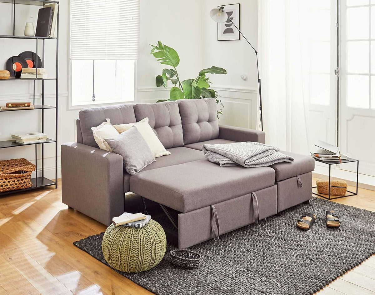 BestMobilier - Canapé d'angle Convertible avec Coffre Réversible Tulipe en Tissu - Canapé Lit - Sofa Gris 4 Places - Angle Droit - ou Gauche - Salon