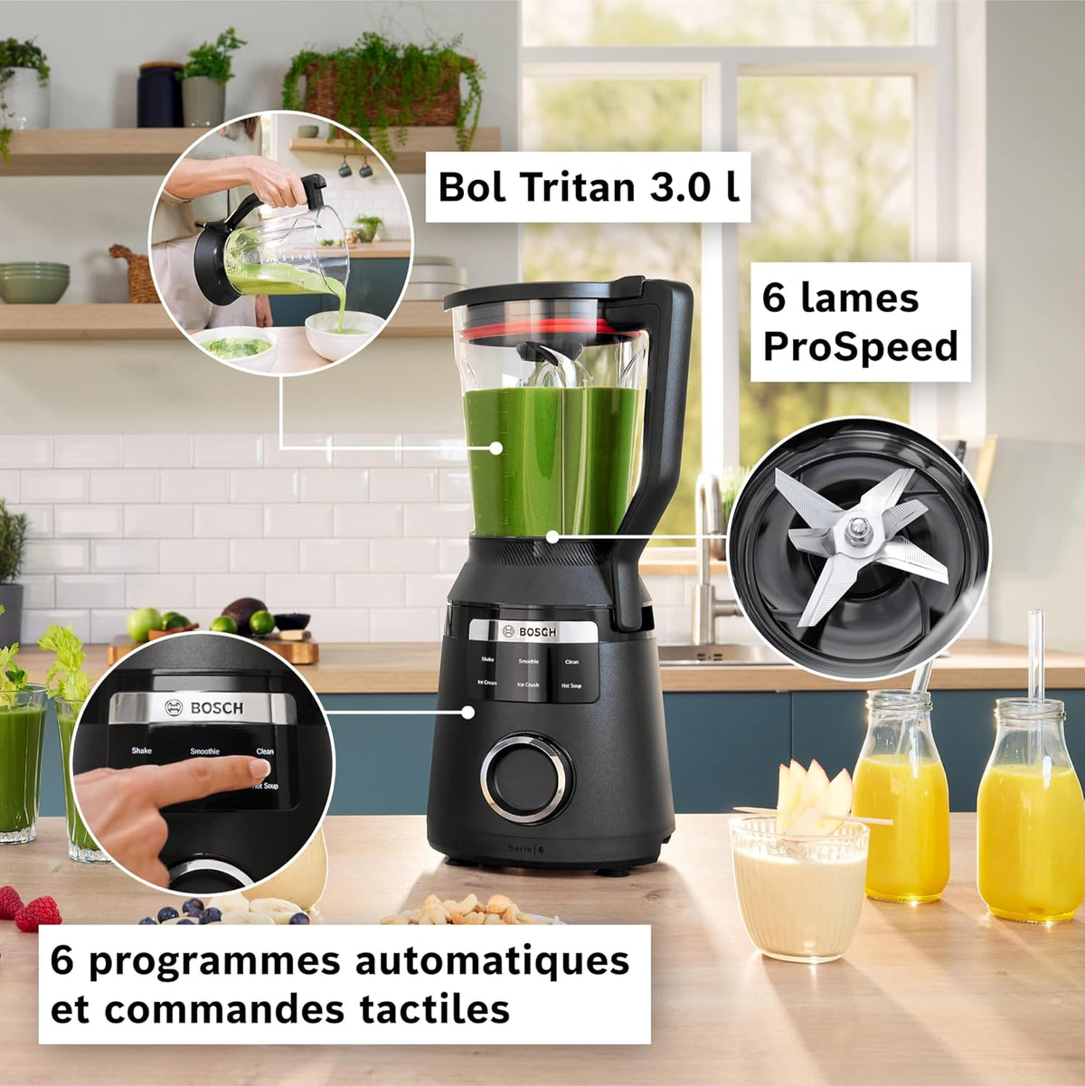 Bosch, VitaPower Série 6, blender haute performance, moteur 1800 watts, vitesse du moteur jusqu'à 45 000 tr/min, 6 programmes automatiques, bol résistant en tritan, noir, MMB6652B