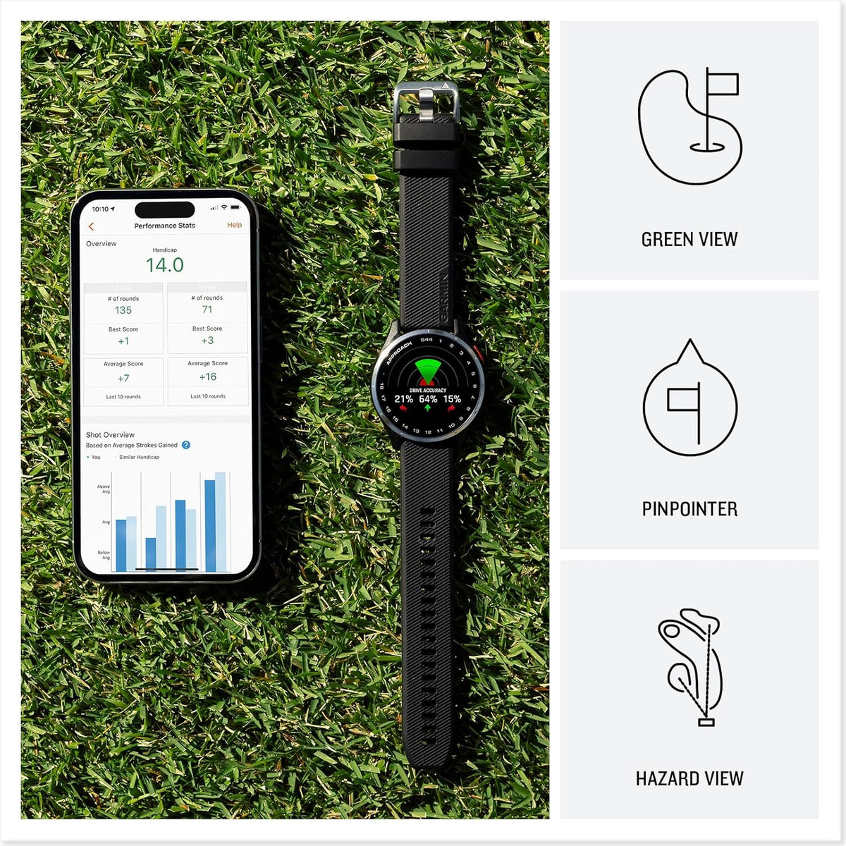 Approach S44 EssentialGPS Smartwatch Écran AMOLED Fonctionnalités sur Le Terrain Lunette en Aluminium argenté avec Bracelet en Silicone Noir