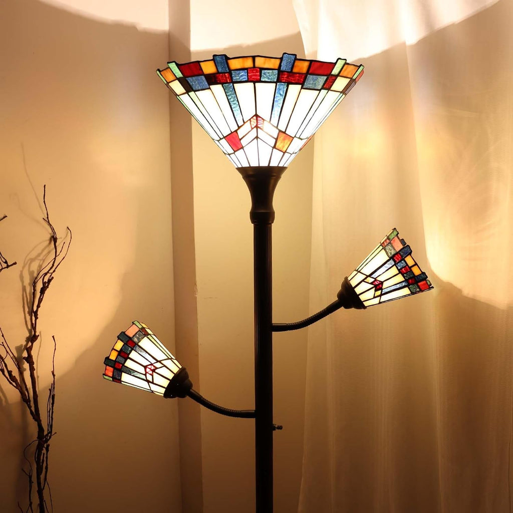 Bieye Lampadaire torche style Tiffany à 3 lumières avec lampes de lecture réglables pour salon, 178 cm de hauteur Blanc, Mission