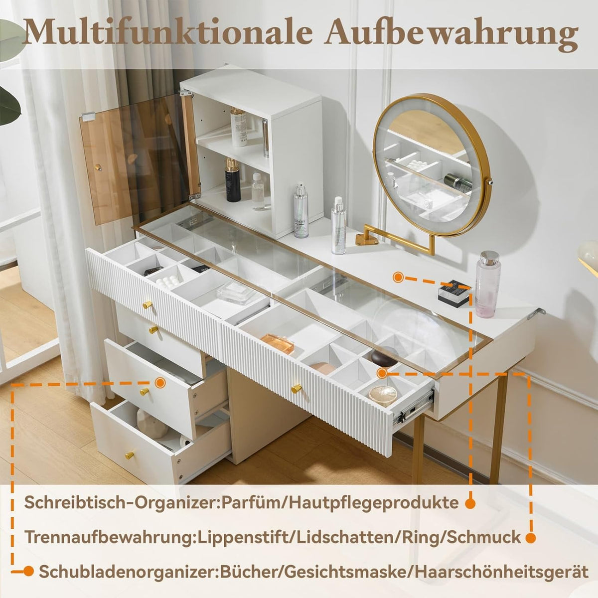 PUGSDRLY Coiffeuse 100x40x78cm avec Miroir et Tiroirs,Offrant Un Vaste Espace de Rangement Compartimenté Tabouret Non Inclus