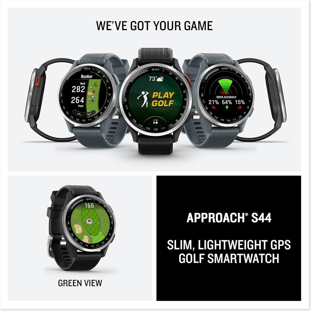 Approach S44 EssentialGPS Smartwatch Écran AMOLED Fonctionnalités sur Le Terrain Lunette en Aluminium argenté avec Bracelet en Silicone Noir