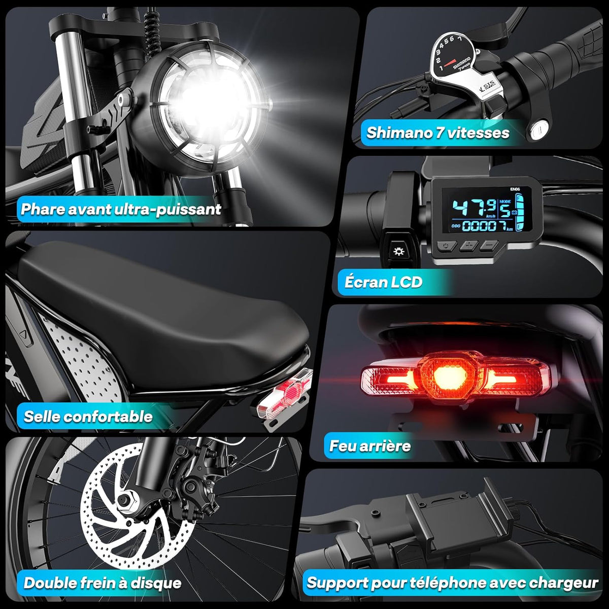 YVY Vélo Électrique, Batterie Amovible 20/40Ah, Autonomie 120km/150km/300km, Fat Bike Électrique, VTT Électrique 7 Vitesses, E-Bike Double Suspension, Double Disque, Écran LCD