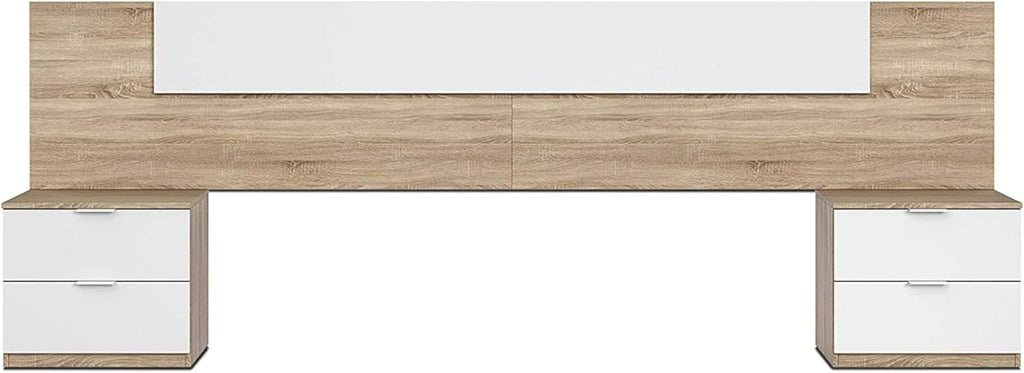 Habitdesign Modèle Alaya Tête de lit et 2 tables de chevet Blanc « Artik » et chêne canadien 247 x 50 x 38 cm