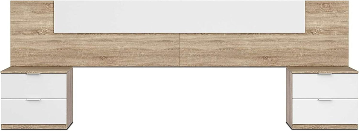 Habitdesign Modèle Alaya Tête de lit et 2 tables de chevet Blanc « Artik » et chêne canadien 247 x 50 x 38 cm