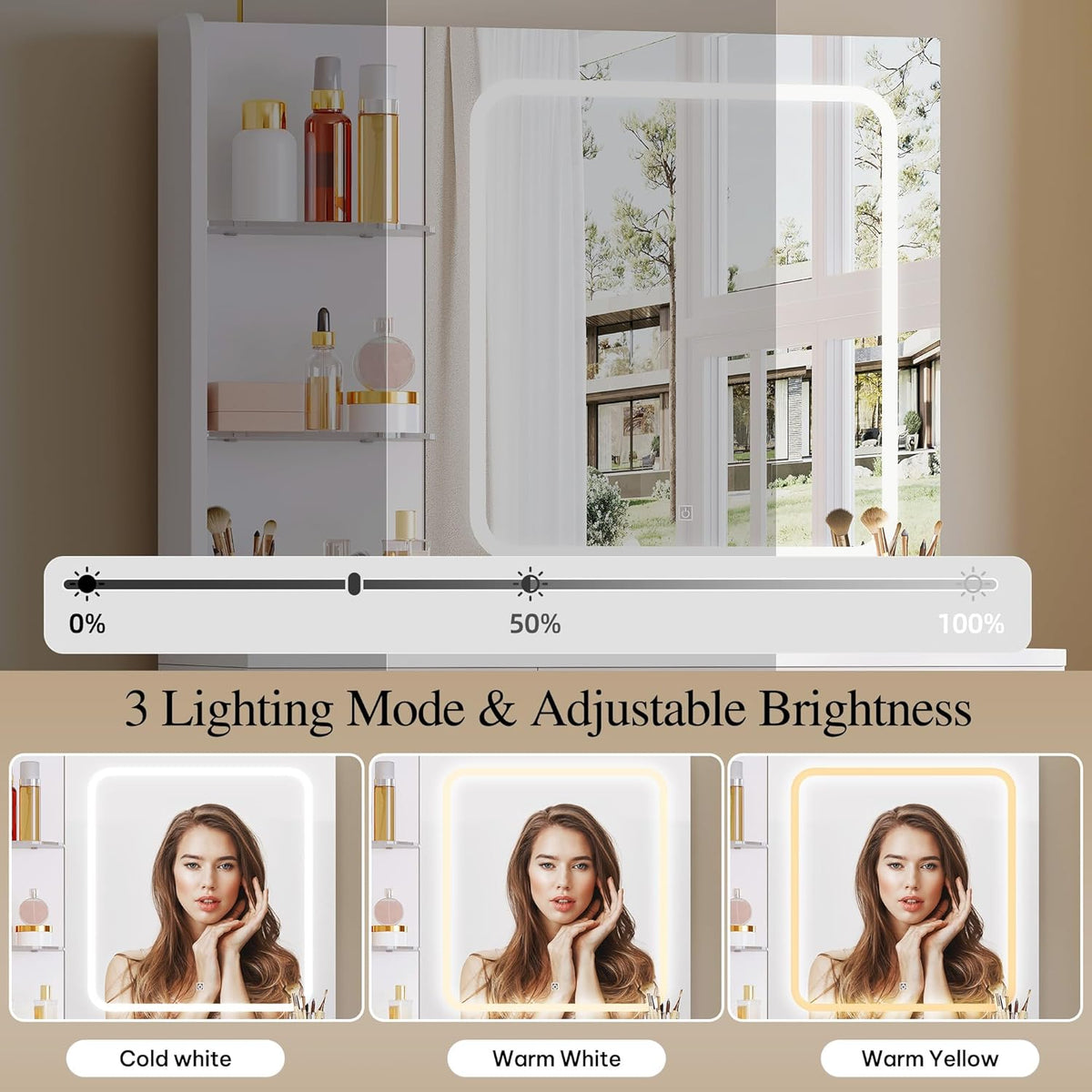 YITAHOME Coiffeuse avec Miroir à LED, 3 tiroirs, 2 étagères, luminosité réglable avec 3 Niveaux d'éclairage, Blanche