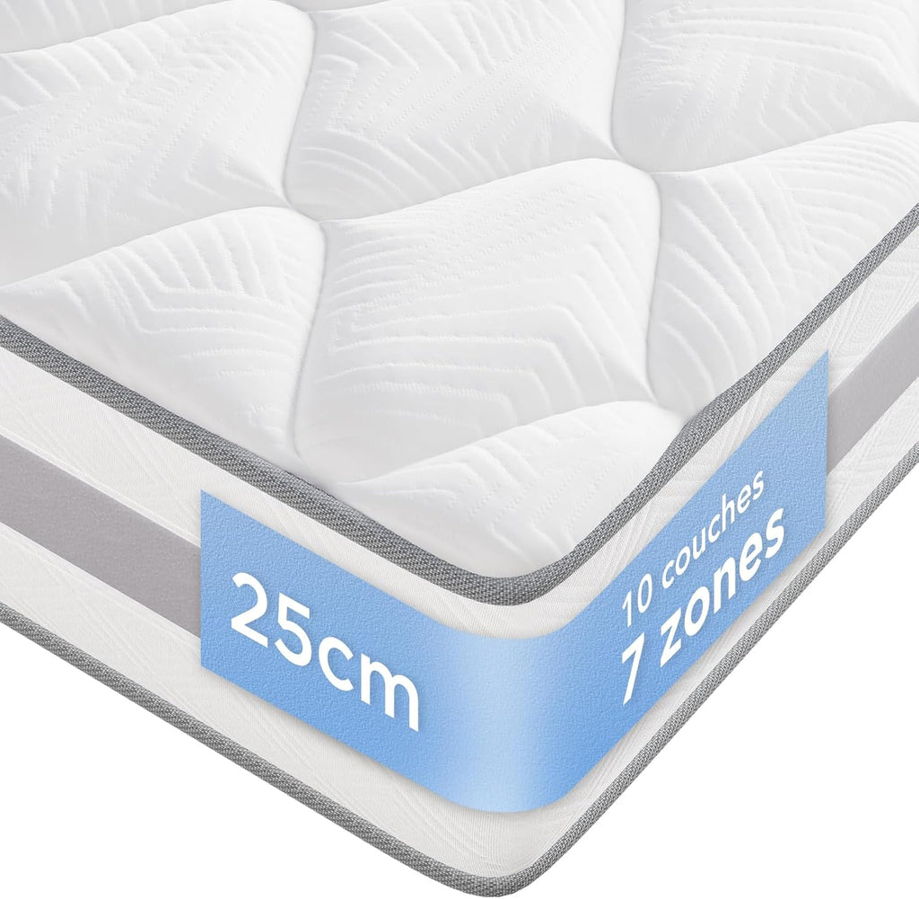 INMOKO Matelas180x200 cm, 10 Couches, Matelas à Ressorts ensachés, Hauteur de 25 cm, Soutien en 7 Zones, Design Ergonomique,Durable, réversible, fermeté Moyenne (H3/H4)