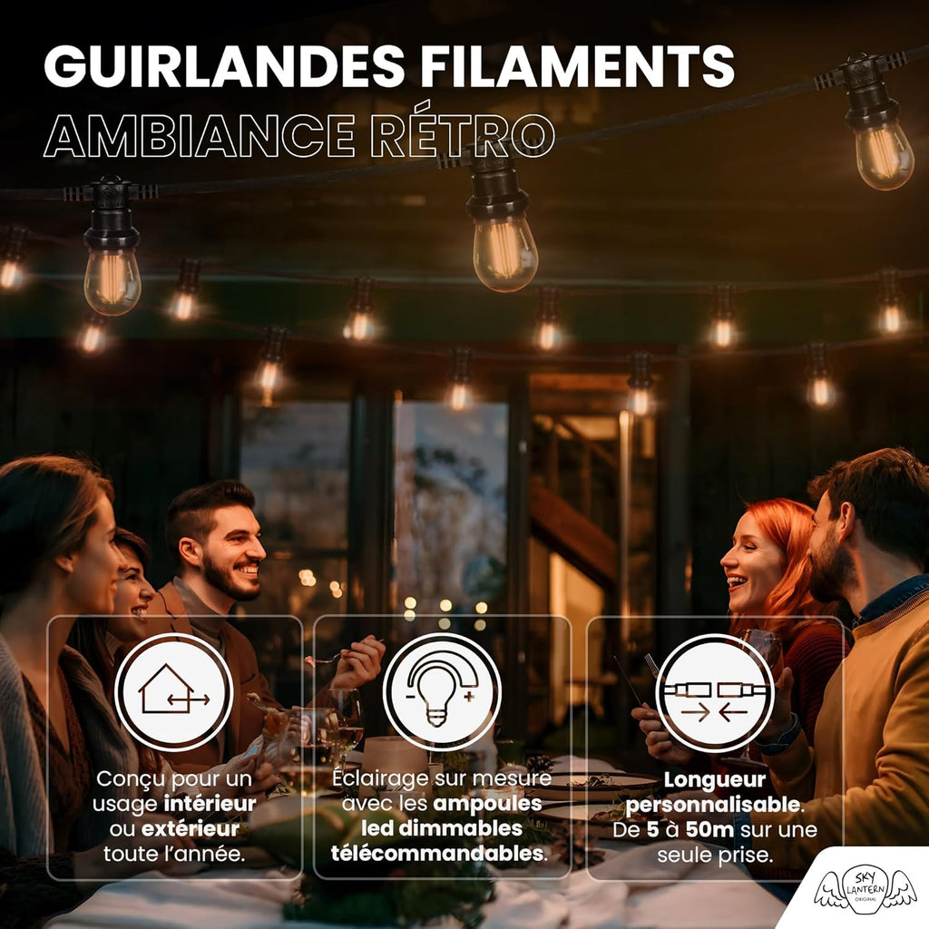 SKYLANTERN Guirlande Guinguette 20M 60 Bulbes Filament Ambré - Guirlande Lumineuse Ampoule E27 Ambrée - Guirlande Guinguette Led Filament rétro