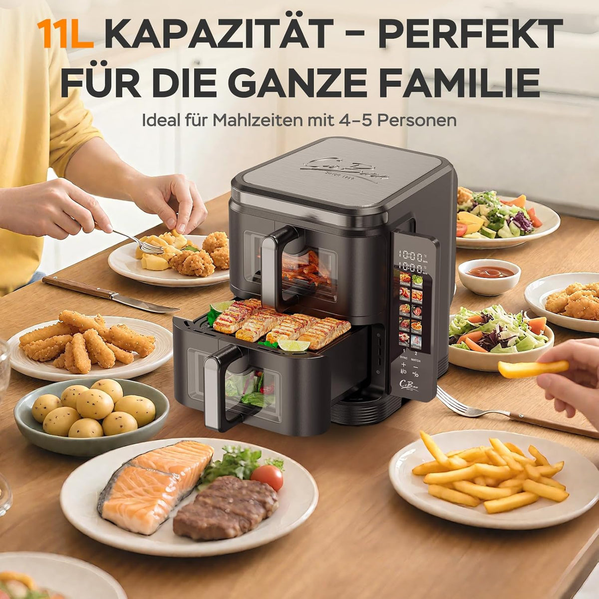 COBNN Friteuse à air verticale double compartiment, 11L Dual Zone Airfryer avec écran couleur pliable, 10 programmes, fenêtre de visualisation, matériau ignifuge V0, 2800W