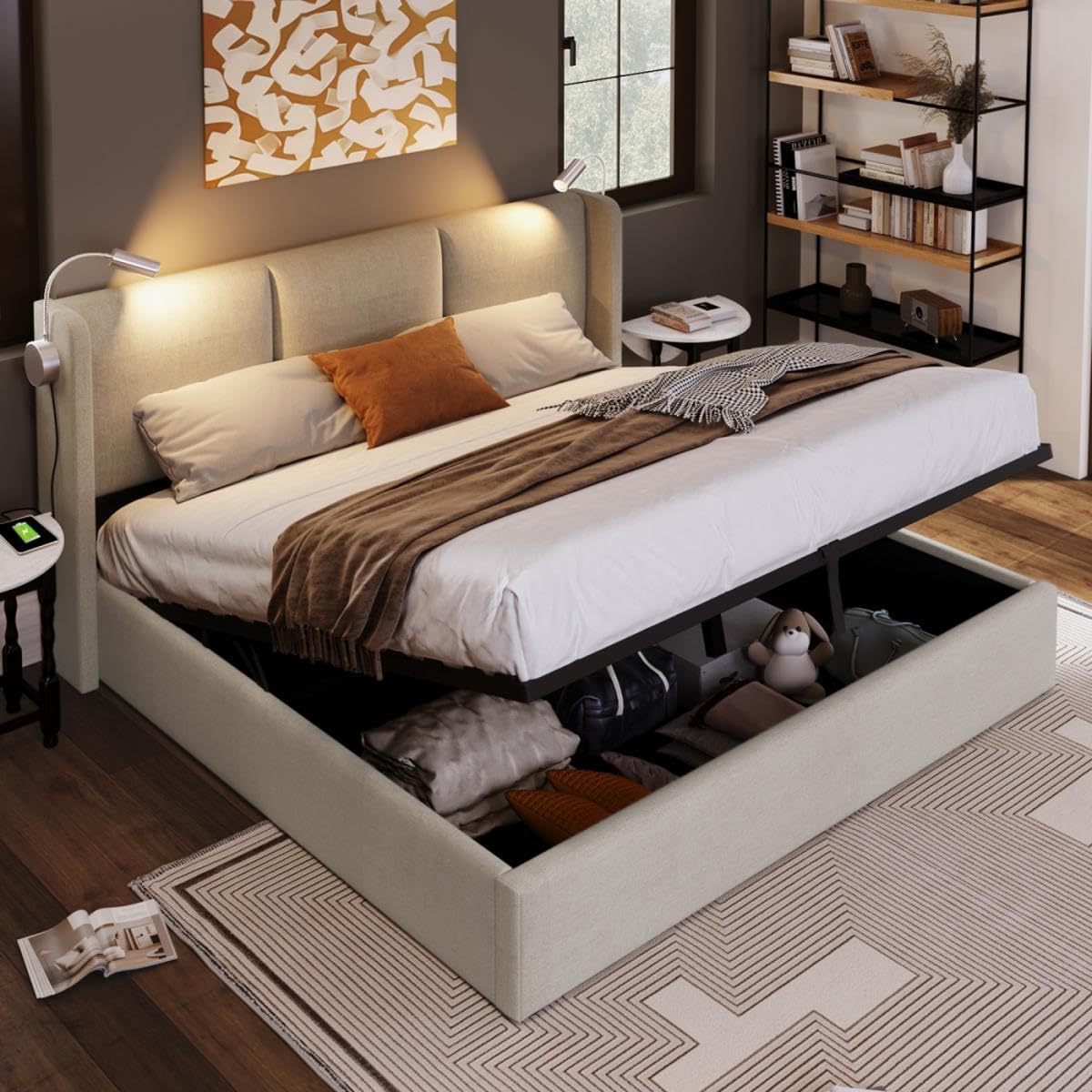 Sweiko Rembourré Cadre de Lit 140x200 cm avec éclairage LED sommier et Rangement à Lattes,USB Chargement, Linen sans Matelas
