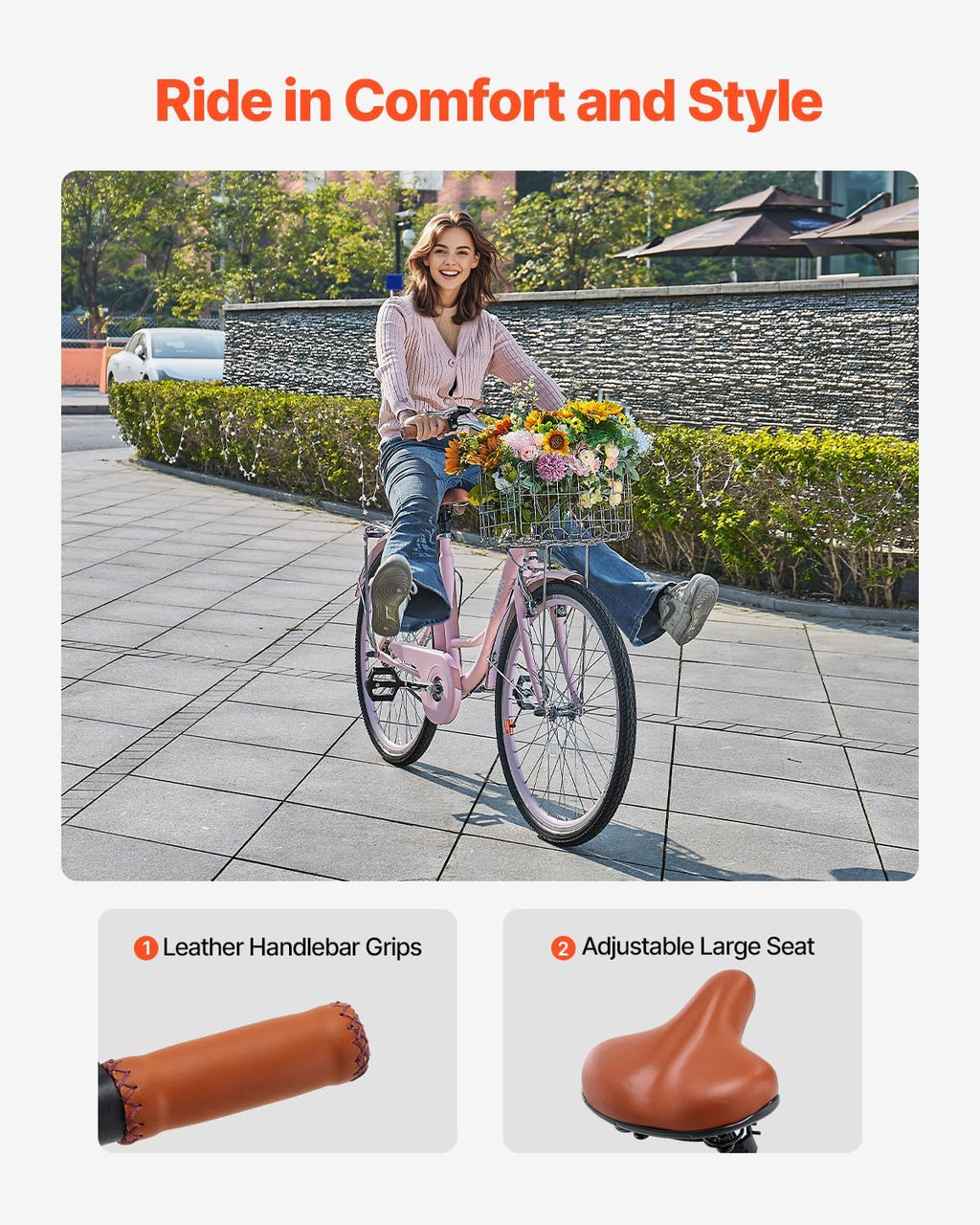 VEVOR Vélo croiseur, Vélo de Plage avec Panier de Grande capacité, Porte-Bagages arrière et siège réglable, sécurisé et Robuste, pour Cyclisme..
