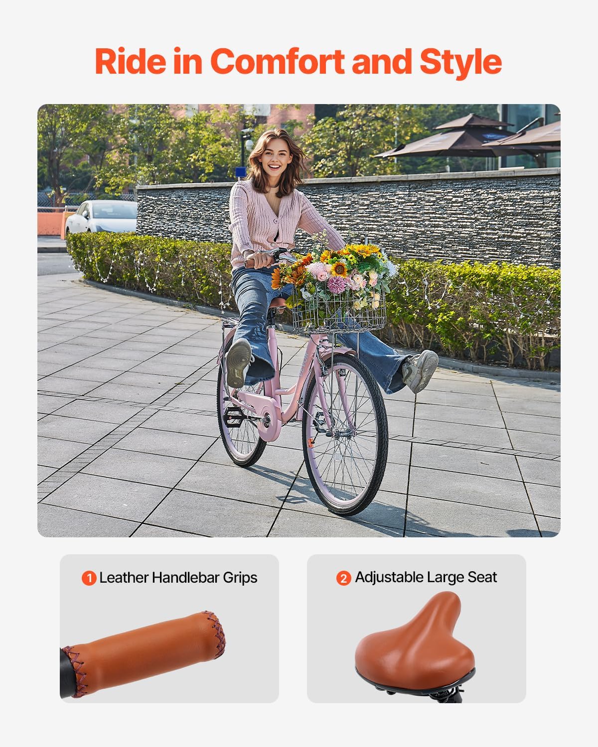 VEVOR Vélo croiseur, Vélo de Plage avec Panier de Grande capacité, Porte-Bagages arrière et siège réglable, sécurisé et Robuste, pour Cyclisme..