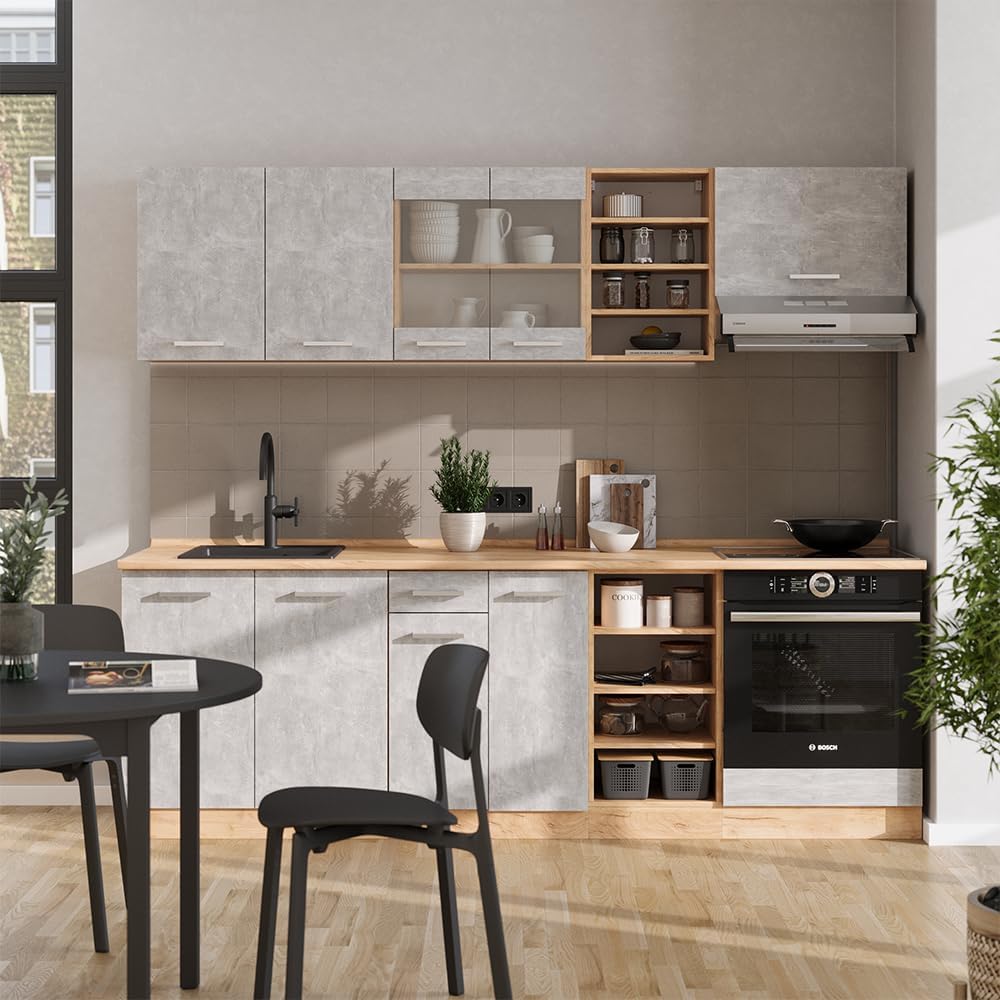 Vicco Cuisine R-Line, Béton/Force d'or Chêne, 240cm, PT Chêne