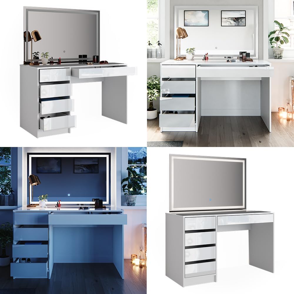 Vicco Coiffeuse Sherry, Blanc Haute Brillance, 120 cm avec éclairage LED