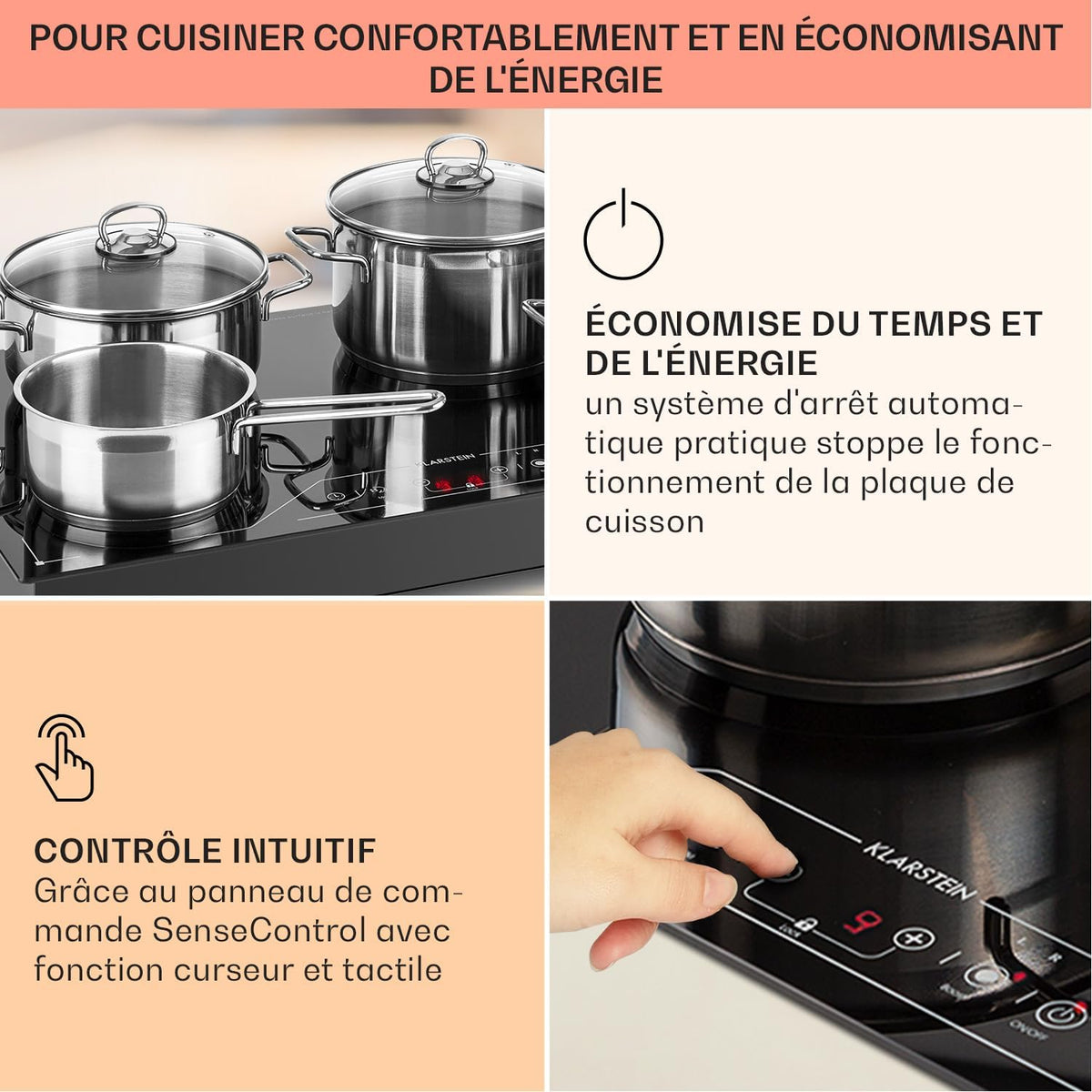 Klarstein Plaque Induction Encastrable 3500W, Table de Cuisson Induction en Zone Libre, Contrôle Tactile, Verre Céramique, 3500 W