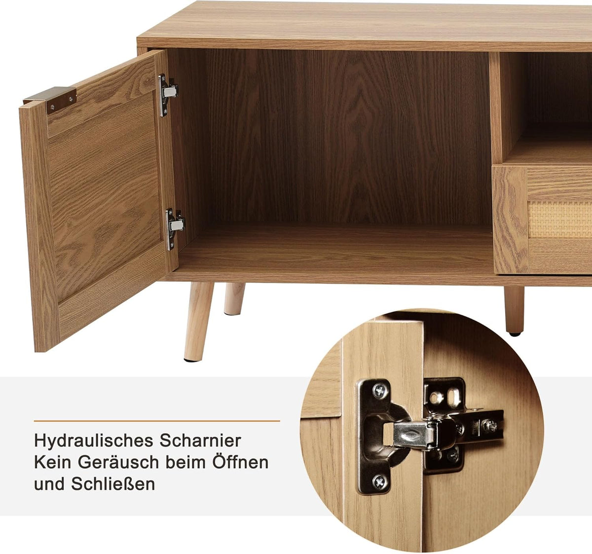 Jaxenor Meuble TV en rotin 200 cm, meuble de télévision, commode TV pour le salon, meuble de rangement pour écran 85 pouces, meuble TV avec beaucoup d'espace de rangement, 2 tiroirs, 2 portes, chêne