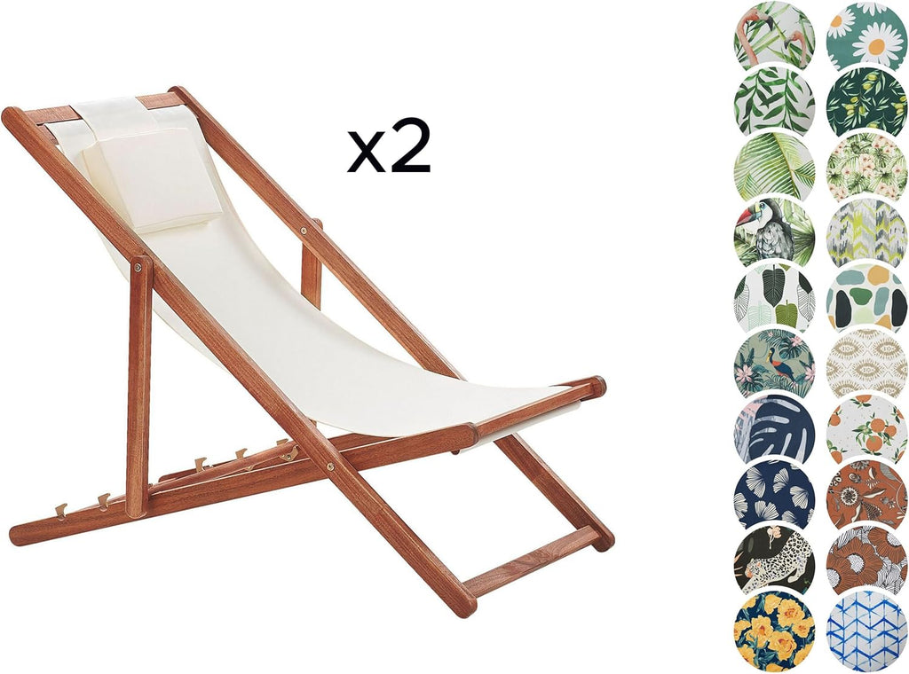 2 Chiliennes Pliantes avec Toiles de Remplacement en Bois Acacia Foncé Avellino