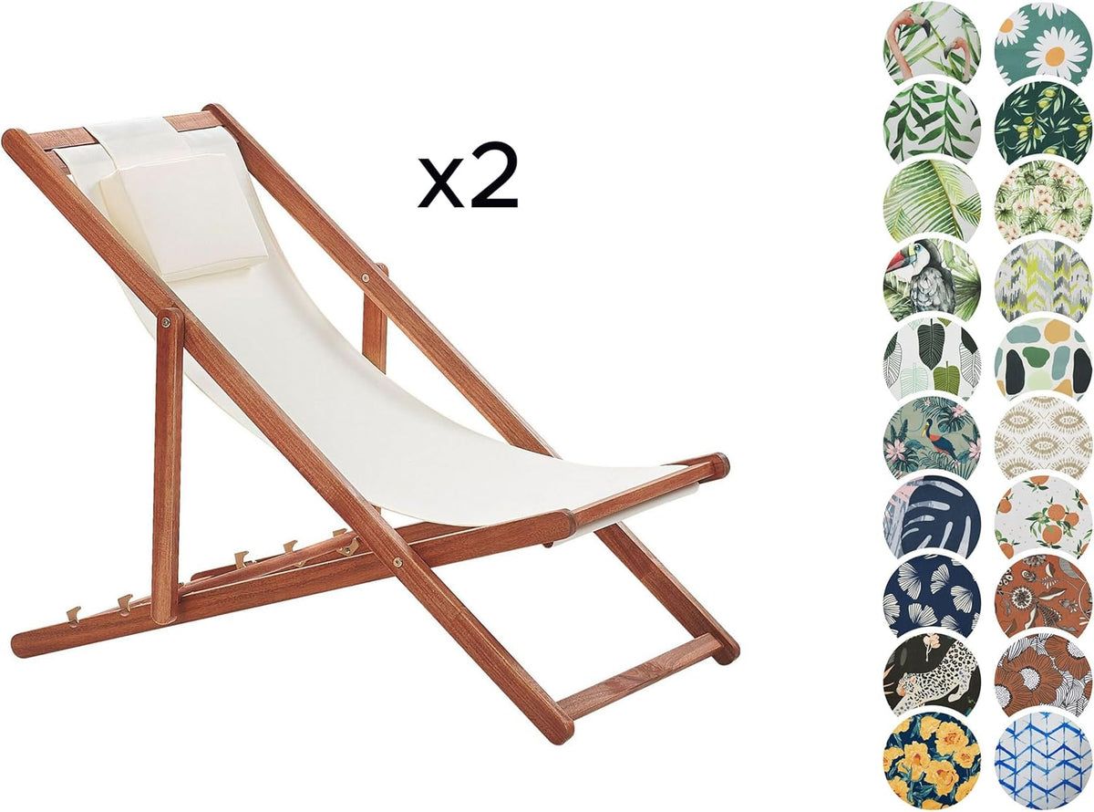 2 Chiliennes Pliantes avec Toiles de Remplacement en Bois Acacia Foncé Avellino