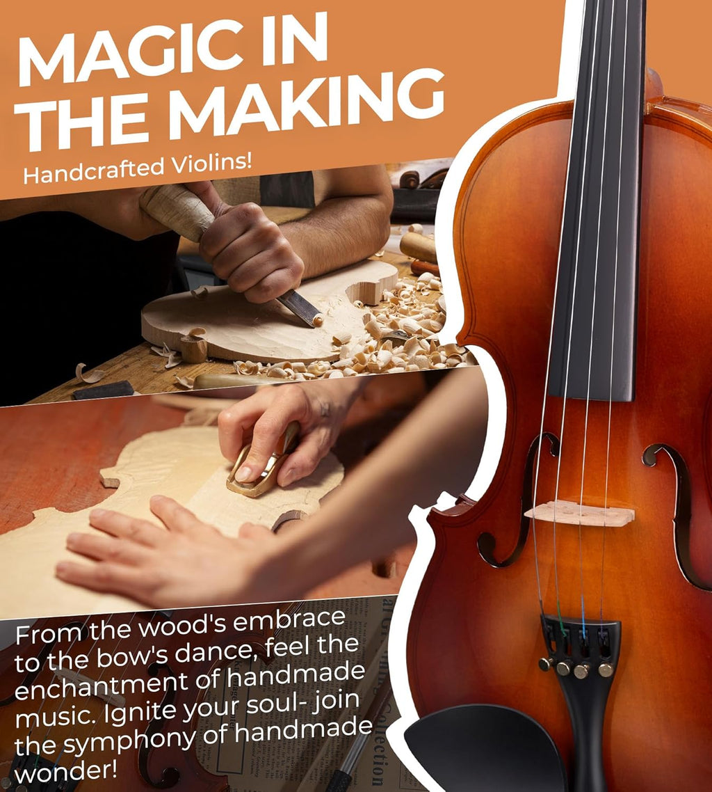 Vangoa Ensemble de violon acoustique 4/4 fabriqué à la main avec planche latérale en bois massif, étui rigide léger pour débutants, adolescents, à partir de 12 ans, adultes, droitier