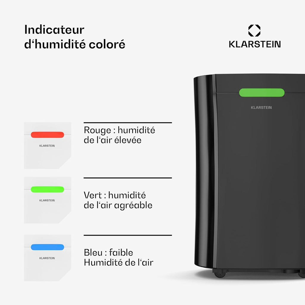 KLARSTEIN AeroDry 10l Déshumidificateur d'air - 165 W, 10 L/24 h, réservoir 2,5 L, Seulement 37 DB, Filtre à Charbon Actif, Fonction DrySelect, Noir