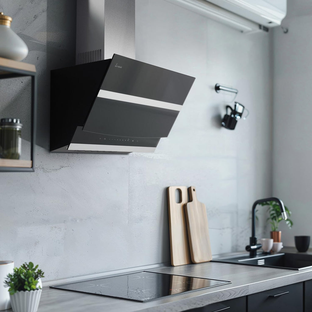 Hotte aspirante cuisine 80 cm Hotte Murale Inclinées acier inoxydable verre noir arrête automatiquement Opération tactile HERMES8005S