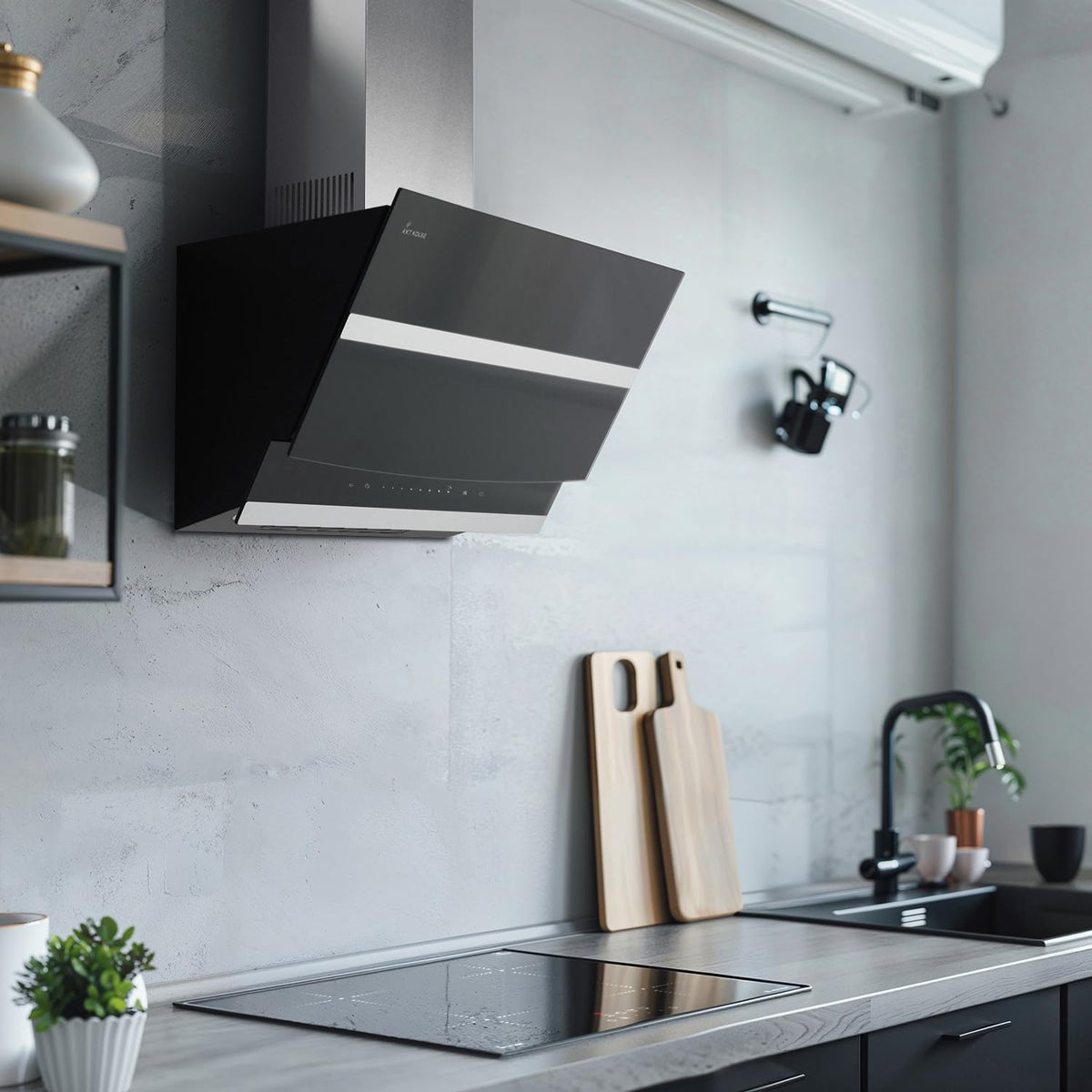 Hotte aspirante cuisine 80 cm Hotte Murale Inclinées acier inoxydable verre noir arrête automatiquement Opération tactile HERMES8005S