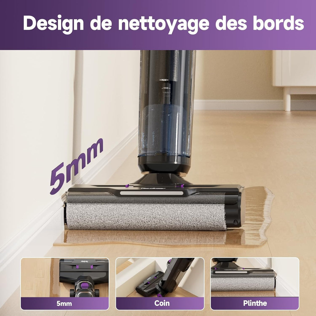 Redkey W15 Aspirateur Balai Laveur sans Fil, 20.000 Pa Balai aspirateur Laveur 3 en 1, Aspiration Puissant Eau et Poussière, 5mm Simple Lamination, Longue Autonomie, LED écran Digital, Auto-Nettoyage