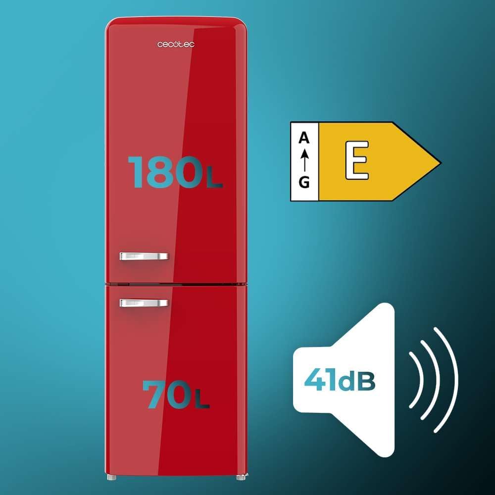 Cecotec Refrigerateur Congelateur Combiné Bolero CoolMarket Combi Origin 250 NF Red E. Réfrigérateur 250L, rouge rétro, No Frost, Multi Air Flow, Fast Cooling, classe E