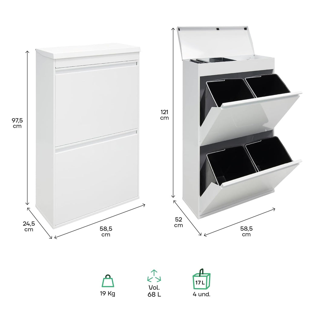 ARREGUI Top CR621-B Poubelle de recyclage en acier, poubelle de tri sélectif, 4 seaux, avec plateau supérieur multifonction, 4 x 17 L (68 L), blanc