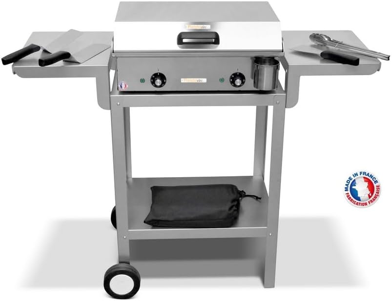 PLANCHAELEC - Pack Complet Plancha Electrique NEO E530-2400W - Chariot + Accessoires - Inox - Thermostat Réglable - 8 Personnes - Made In France - L53 X P43 X H18 cm