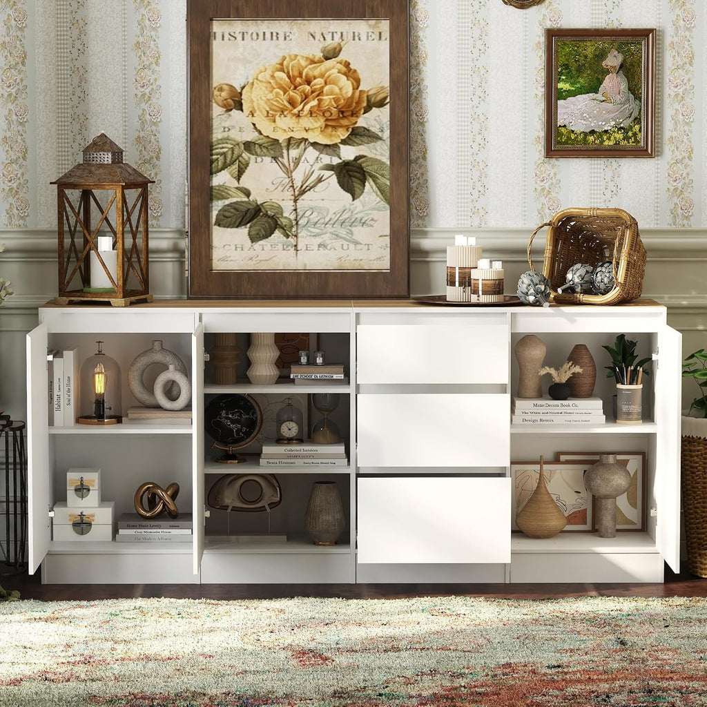 DEZAGCE Meuble de rangement à 3 portes et 3 tiroirs, buffet, buffet avec étagères, commode, armoire de stockage multifonctionnelle, pour salon, cuisine, couloir, 80 x 180 x 35 cm, MDF, blanc