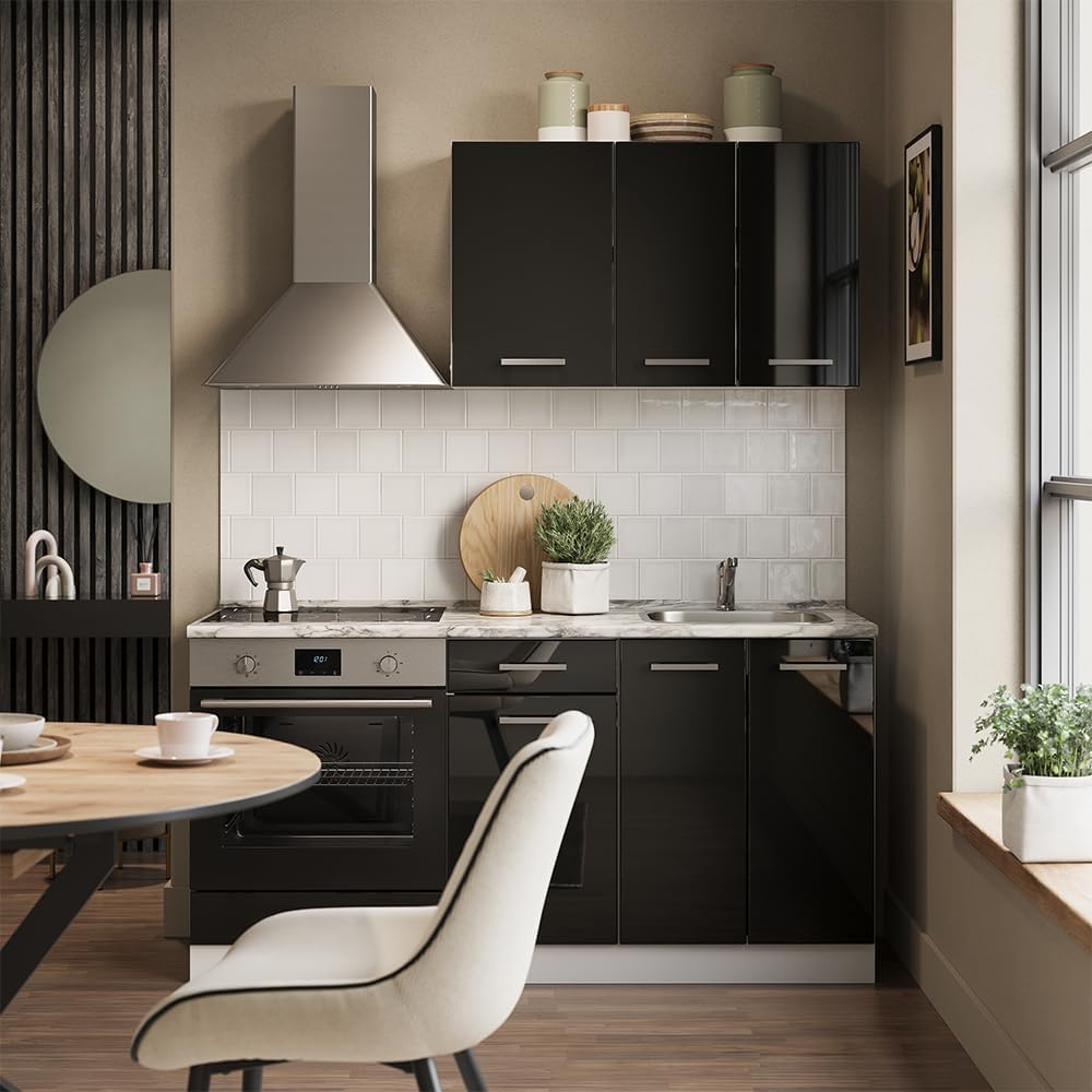 Vicco Cuisine R-Line, Noir Brillant/Blanc, 160cm avec Meuble Four encastrable avec Plan de Travail