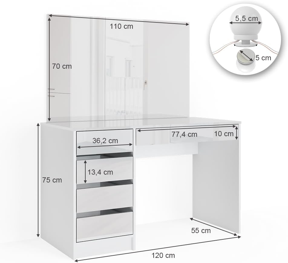 Vicco Coiffeuse Sherry, Blanc, 120 cm avec éclairage LED