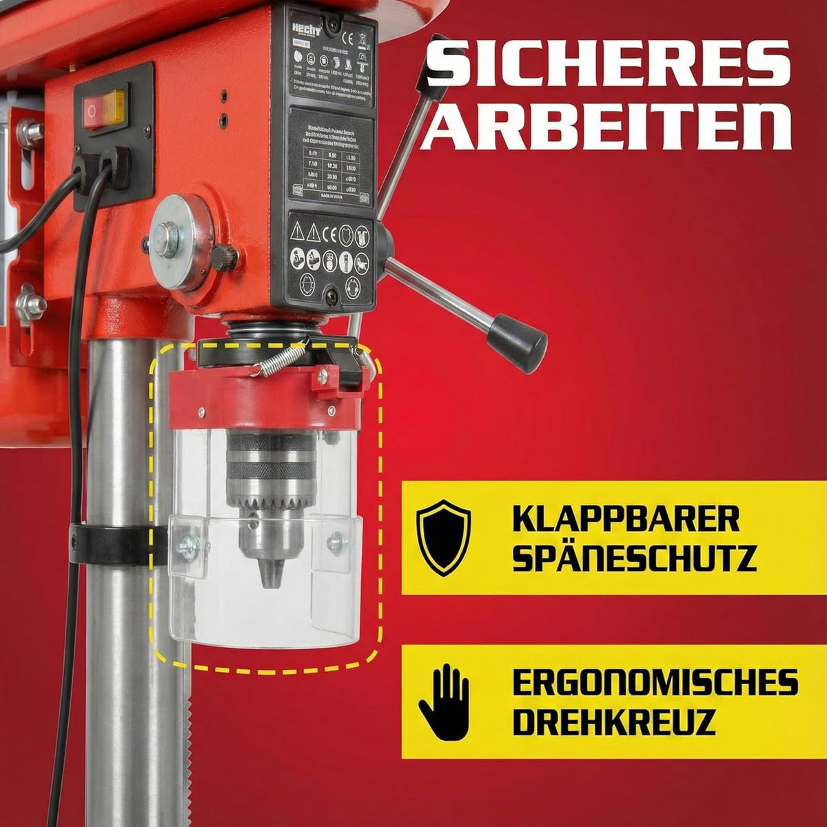 Hecht Perceuse à colonne avec puissance de 600 W - 12 niveaux de vitesse - Table de perçage orientable et réglable en hauteur