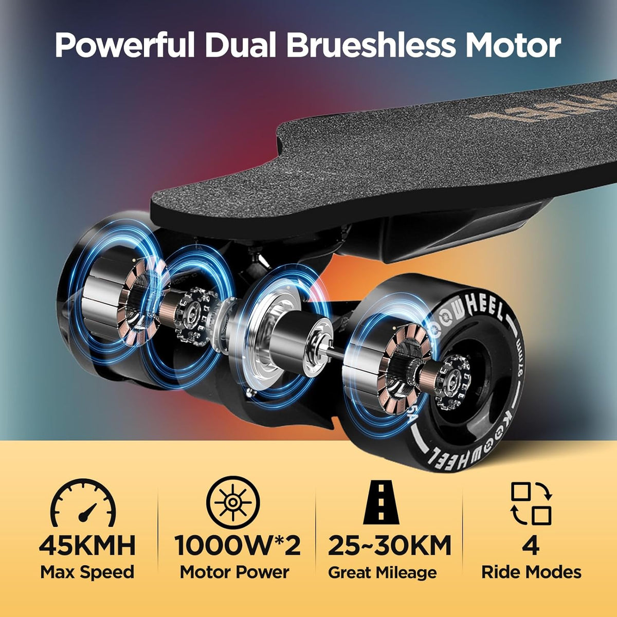 Skateboard électrique avec télécommande OLED, double moteur 2000 W, 45 km/h Max, autonomie 30 km, étanche IPX4